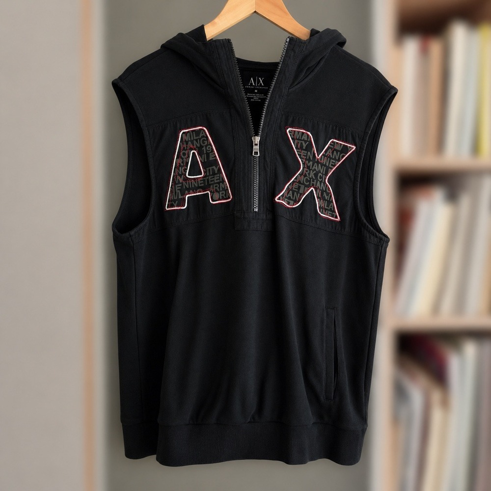 Armani Exchange Mens Black Sleeveless Quarter Zip Hoodie Vest AX Logo Size M